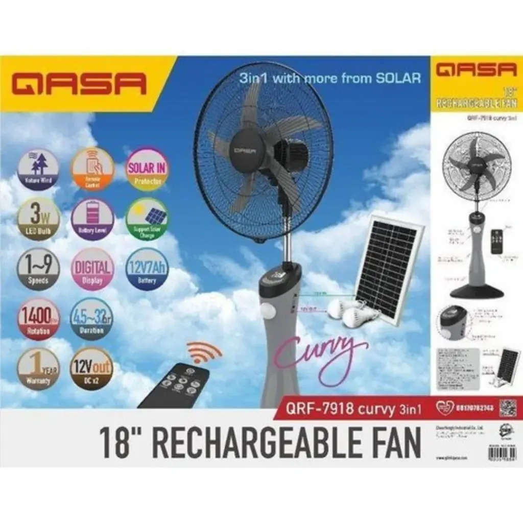 Qasa 18"Rechargeable Curvyfan with Panel and Bulb