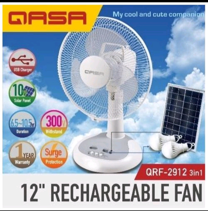 12"Qasa Rechargeable Fan With Panel and 2Bulbs